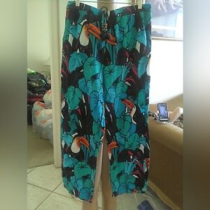 NWOT Talbots Blue & Black Patterned Pants " TOUCAN" GRAPHICS WRINKLY SZ. LG PKTS